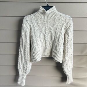 MANGO MNG Beige High Neck Cable Knit Crop Sweater Balloon Sleeve Jumper small